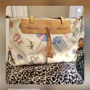 Dooney & Bourke Cream Tote with Tan Trim and Multicolor Beach Motif